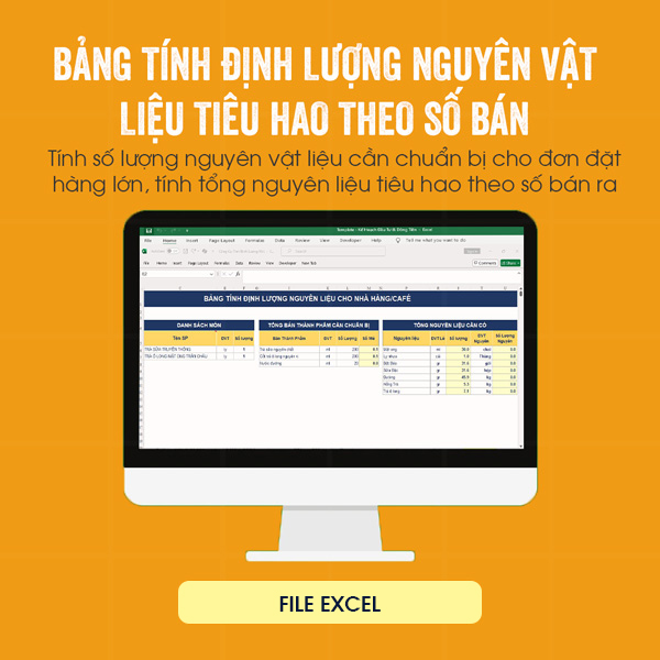 Bảng tính định lượng nguyên liệu và tổng cost cho nhà hàng
