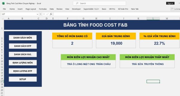 Bảng tính cost món cho nhà hàng và quán cafe